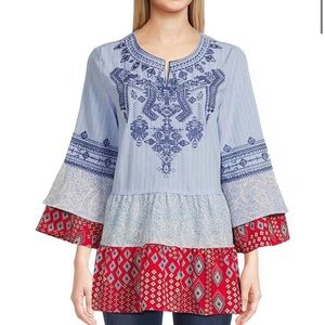 Calessa Patchwork Embroidered Split Round Neck 3/4 Tiered Ruffle Sleeve Tunic